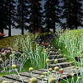Dandelion Shaped Outdoor Lights Illuminate Evening Stone Path With Trees And Grass