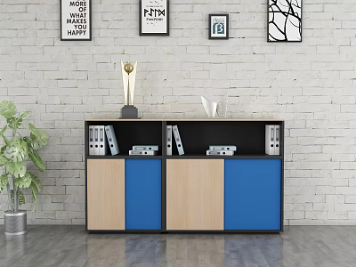 Blue And Light Wood File Cabinet With Folders Trophy And Decorative Items In Modern Office 3d model