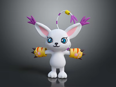 Cute White 3D Cartoon Character With Long Ears Purple Decorations Yellow Antenna And Blue Eyes 3d model