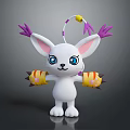 Cute White 3D Cartoon Character With Long Ears Purple Decorations Yellow Antenna And Blue Eyes