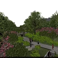 Scenic Park Landscape With Green Trees Pink Flowers And Walking People On Pathways