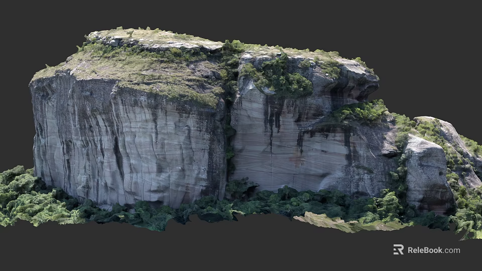 Majestic Natural Stone Rock Formation With Layered Structure And Green Vegetation 3d model 
