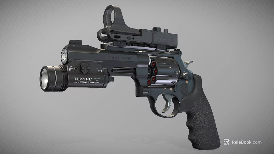 Black TITUS HU Tactical Revolver With Textured Grip Flashlight And Scope Mount 3d model 