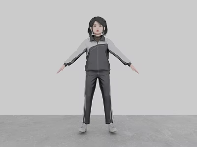 Woman In Gray And White Tracksuit Standing Against Gray Background With Arms Outstretched 3d model