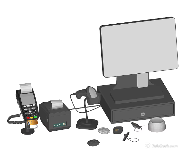 Essential Commercial Equipment Including POS System Cash Register Payment Terminal Receipt Printer And Barcode Scanner 3d model 