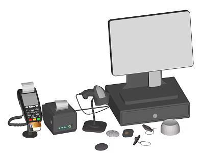 Essential Commercial Equipment Including POS System Cash Register Payment Terminal Receipt Printer And Barcode Scanner 3d model