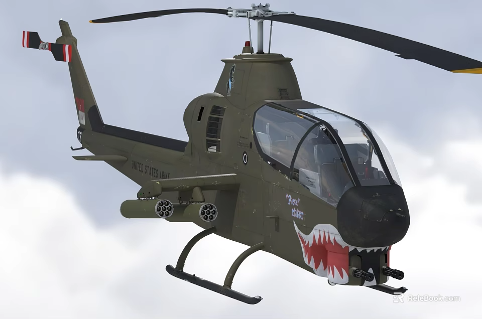 Olive Green Military Helicopter Flying in Sky With Shark Mouth Design and Weapons 3d model 