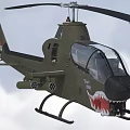 Olive Green Military Helicopter Flying in Sky With Shark Mouth Design and Weapons