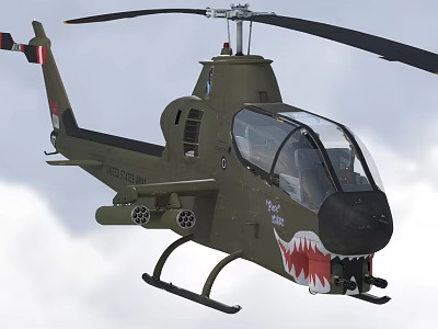 Olive Green Military Helicopter Flying in Sky With Shark Mouth Design and Weapons 3d model
