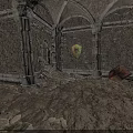 Ancient Ruined Medieval Chamber With Stone Walls Arched Vaults Shield And Debris