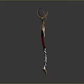 Ornate Golden Spear With Crescent Head Feather Accents And Red Striped Shaft