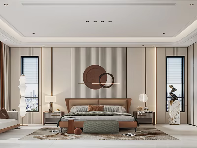 Elegant Modern Bedroom Interior Design With Round Decorative Painting Beige Walls And Wooden Furniture 3d model