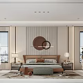 Elegant Modern Bedroom Interior Design With Round Decorative Painting Beige Walls And Wooden Furniture