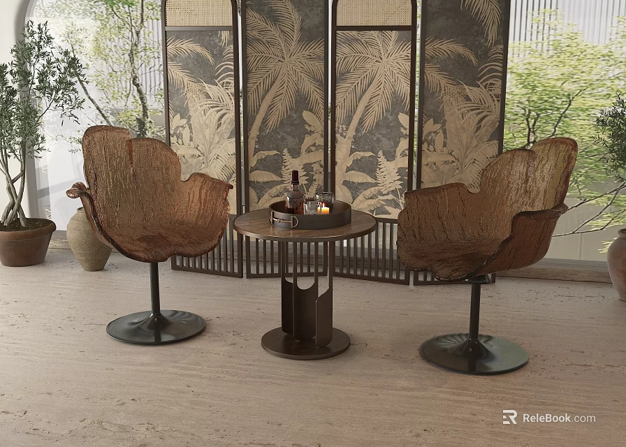 Rattan Leaf Shaped Chair And Round Table Set In Natural Interior With Decorative Screen 3d model 