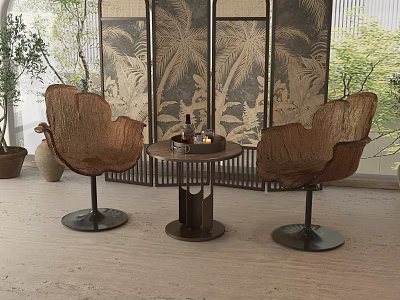 Rattan Leaf Shaped Chair And Round Table Set In Natural Interior With Decorative Screen 3d model