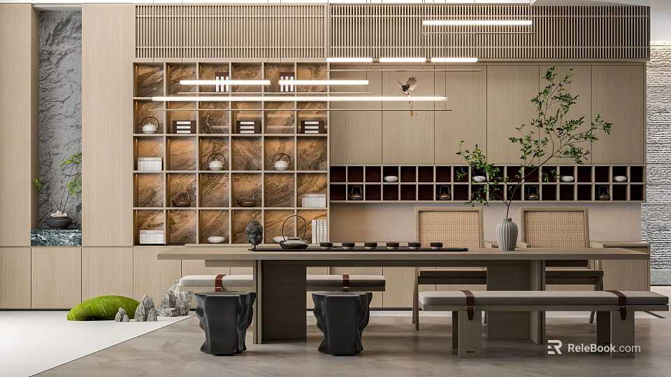 Modern Tea Room Interior With Wooden Shelves Tea Sets Long Table Stools And Green Plants 3d model 