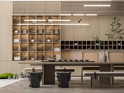 Modern Tea Room Interior With Wooden Shelves Tea Sets Long Table Stools And Green Plants 3d model