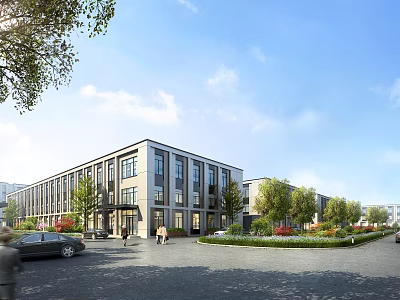 Modern Office Building Exterior With Green Trees Car Pedestrians And Blue Sky 3d model