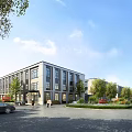 Modern Office Building Exterior With Green Trees Car Pedestrians And Blue Sky