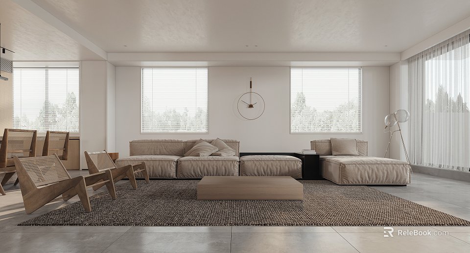 Modern Living Dining Room Interior With Beige Sofa Wooden Chairs Rug Wall Clock And Windows 3d model 