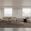 Modern Living Dining Room Interior With Beige Sofa Wooden Chairs Rug Wall Clock And Windows