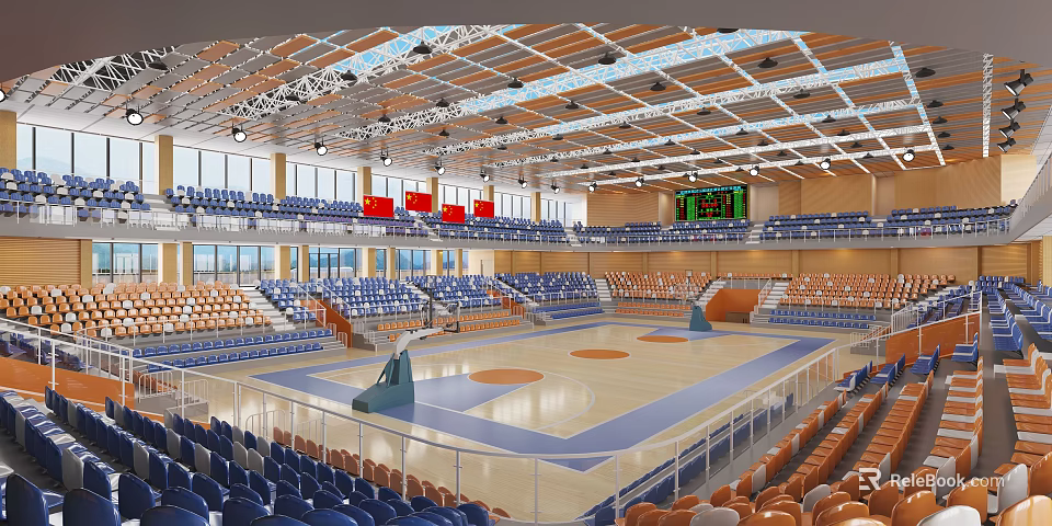 Basketball Gymnasium Interior with Wooden Ceiling Blue Orange Seats Court Floor and Electronic Scoreboard 3d model 
