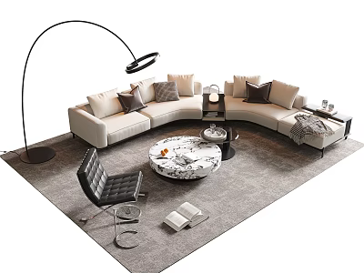 Modern Beige Sofa And Coffee Table Set With Marble Top Black Floor Lamp Gray Rug 3d model