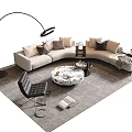 Modern Beige Sofa And Coffee Table Set With Marble Top Black Floor Lamp Gray Rug