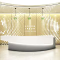 Modern Reception Desk Design With Curved Counter And Perforated Gold Wall Lighting