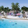 Waterfront Landscape Featuring Palm Trees White Cottage Pink Decorations Sandy Beach And Float Rings