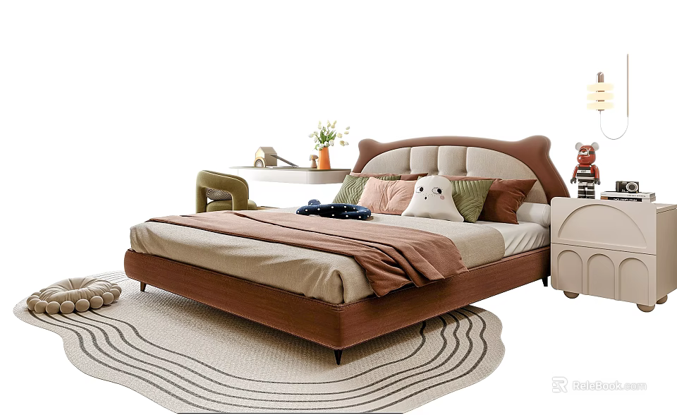 Cozy Brown Kids Bed with Soft Headboard Stuffed Pillows Blanket Bedside Lamp and Rug 3d model 