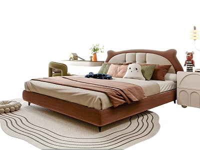 Cozy Brown Kids Bed with Soft Headboard Stuffed Pillows Blanket Bedside Lamp and Rug 3d model