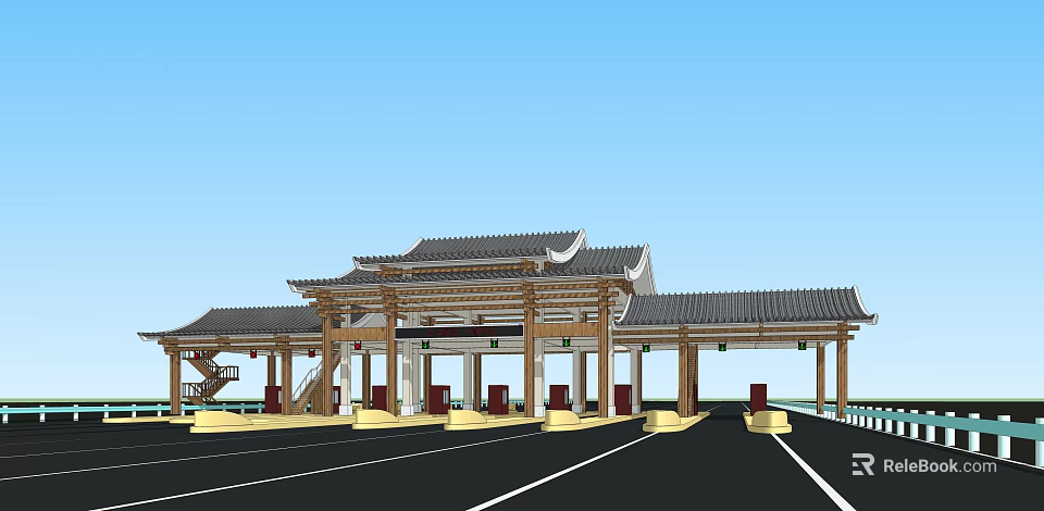 Traditional Style Toll Station Building With Roof Columns And Toll Booths 3d model 