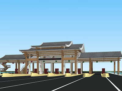 Traditional Style Toll Station Building With Roof Columns And Toll Booths 3d model
