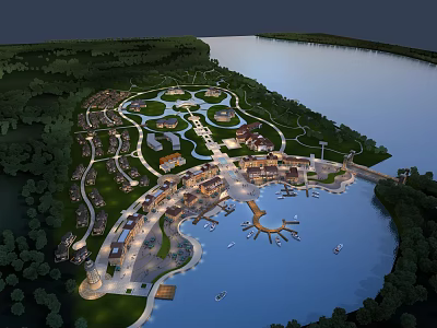 Aerial View Master Plan For Waterfront Area With Buildings Green Spaces Roads And Marina 3d model