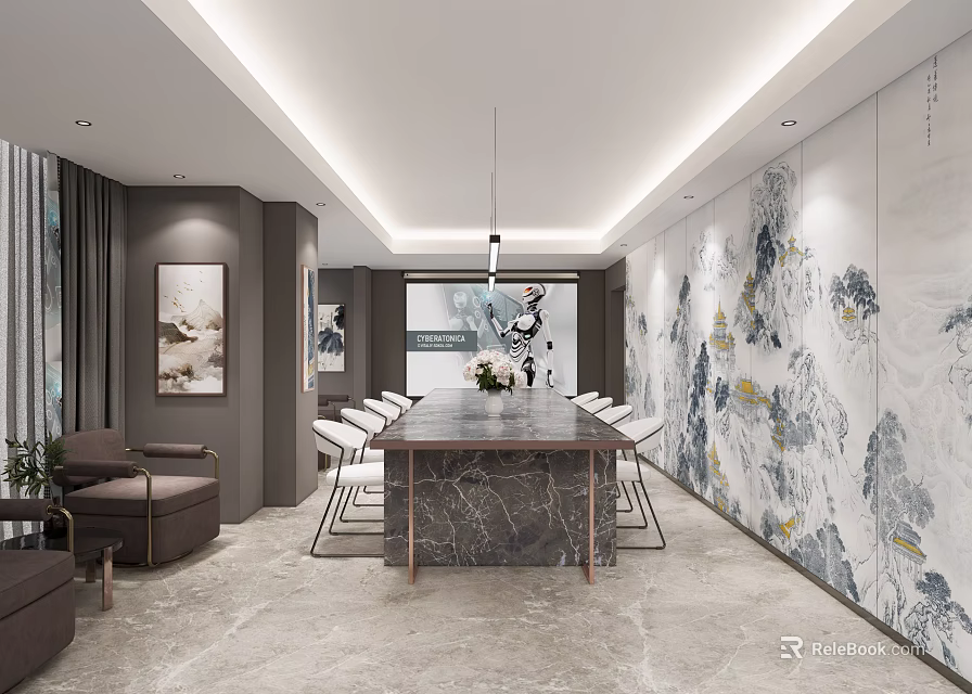 Modern Conference Room Interior With Long Marble Table Chairs And Landscape Wall Art 3d model 