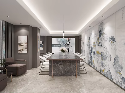 Modern Conference Room Interior With Long Marble Table Chairs And Landscape Wall Art 3d model