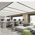 Modern Open Public Office Space With Workstations Computers Sofas And Green Plants 3d model