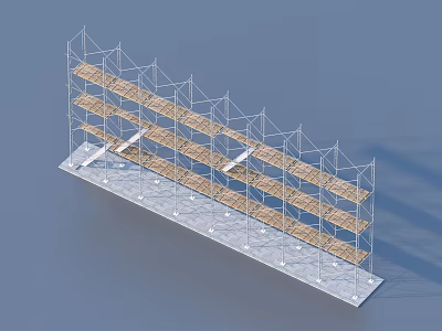 Construction Scaffolding Structure With Metal Frame And Wooden Planks On Multiple Levels 3d model