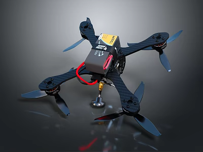 Black Aerial Drone with Four Propellers Carbon Fiber Frame Battery and Camera Mount 3d model