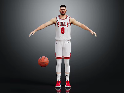 A Man in White Bulls Jersey Number 8 with Basketball White Leggings and Red Sneakers 3d model