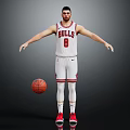 A Man in White Bulls Jersey Number 8 with Basketball White Leggings and Red Sneakers