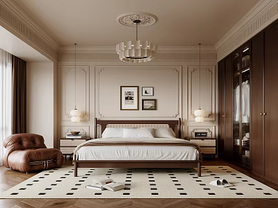 Elegant Bedroom Interior Design With Chandelier Paneled Walls Brown Leather Chair And White Bedding 3d model
