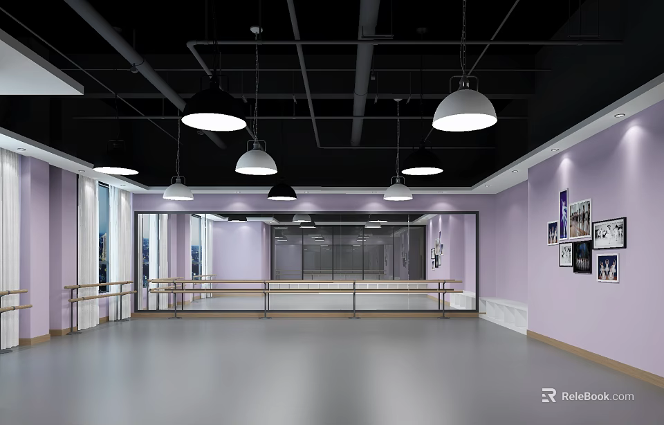 Fitness Dance Studio With Gray Floor Pink Walls Black Ceiling And Mirrored Wall Ballet Barres 3d model 