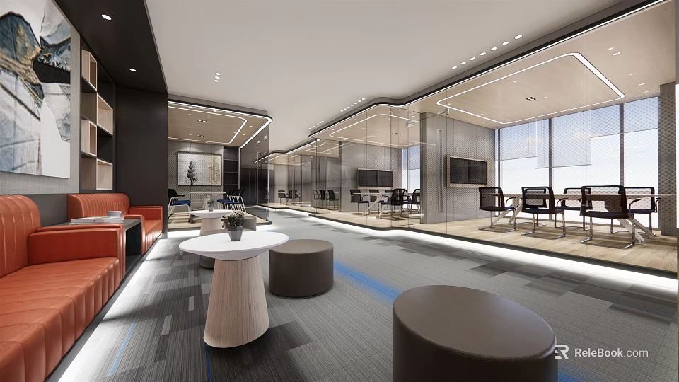 Modern Lounge Area Interior With Orange Sofas Round Stools And Glass Walls 3d model