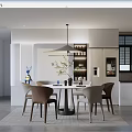 Bright Modern Dining Room With Round Table Brown Beige Chairs Pendant Light And White Cabinets