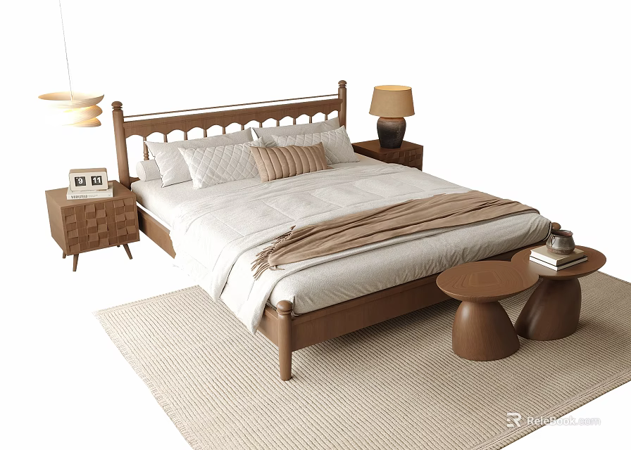 Double Bed With Wooden Headboard White Bedding And Nightstands With Lamps Rug And Small Stools 3d model 
