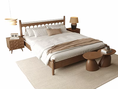 Double Bed With Wooden Headboard White Bedding And Nightstands With Lamps Rug And Small Stools 3d model
