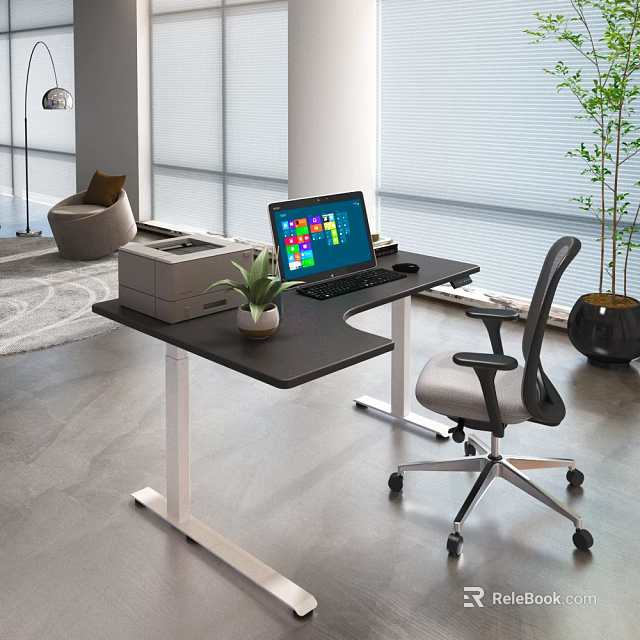 Modern Office Desk Setup with Laptop Printer Small Plant and Ergonomic Chair in Bright Interior 3d model 