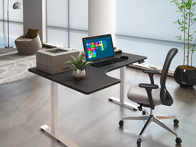 Modern Office Desk Setup with Laptop Printer Small Plant and Ergonomic Chair in Bright Interior 3d model